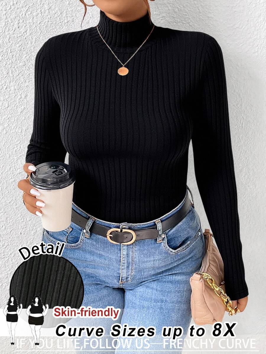 SHEIN CURVE+ Plus Size Black Ribbed Turtleneck Long Sleeve T-Shirt, Suitable For Autumn/Winter, Christmas, New Year - Black - View 1