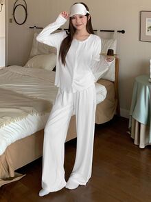 DAZY Women's Solid Color Single-Breasted Long Sleeve Top And Pants Pajama Set - Green - View 3