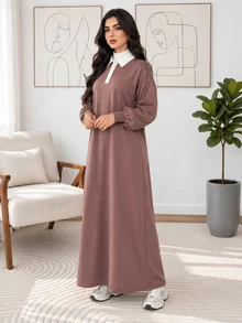 Solavon Plus Size Women's Colorblock Polo Collar Long Sleeve Casual Dress - Multicolor - View 9