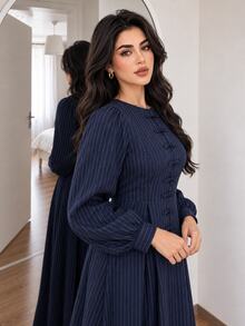 Solavon Plus Size Striped Colorblock Frog Button Long Sleeve Dress - Navy Blue - View 10