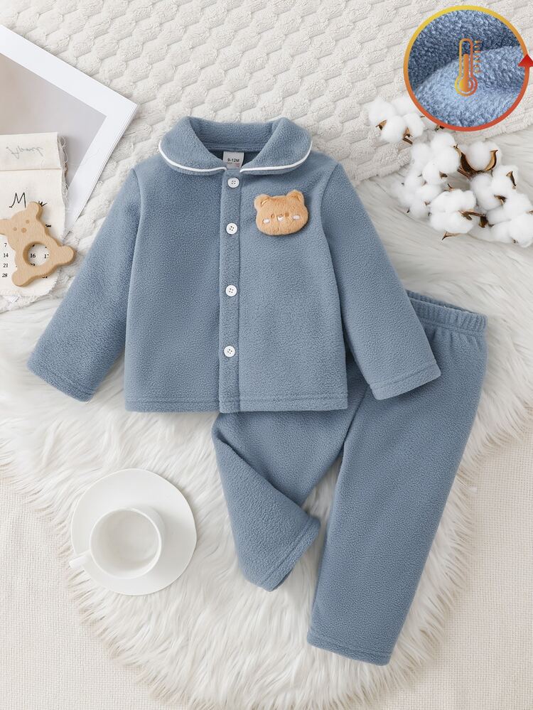 SHEIN Set 2 Potong Pakaian Bayi Laki-laki Musim Gugur/Dingin, Bahan Fleece Tebal Dua Sisi, Bahan Polar Fleece, Motif Beruang 3D Lucu, Nyaman, Kasual, Kardigan Lengan Panjang, Celana Panjang, Set Dua Potong - Dusty Blue - View 4