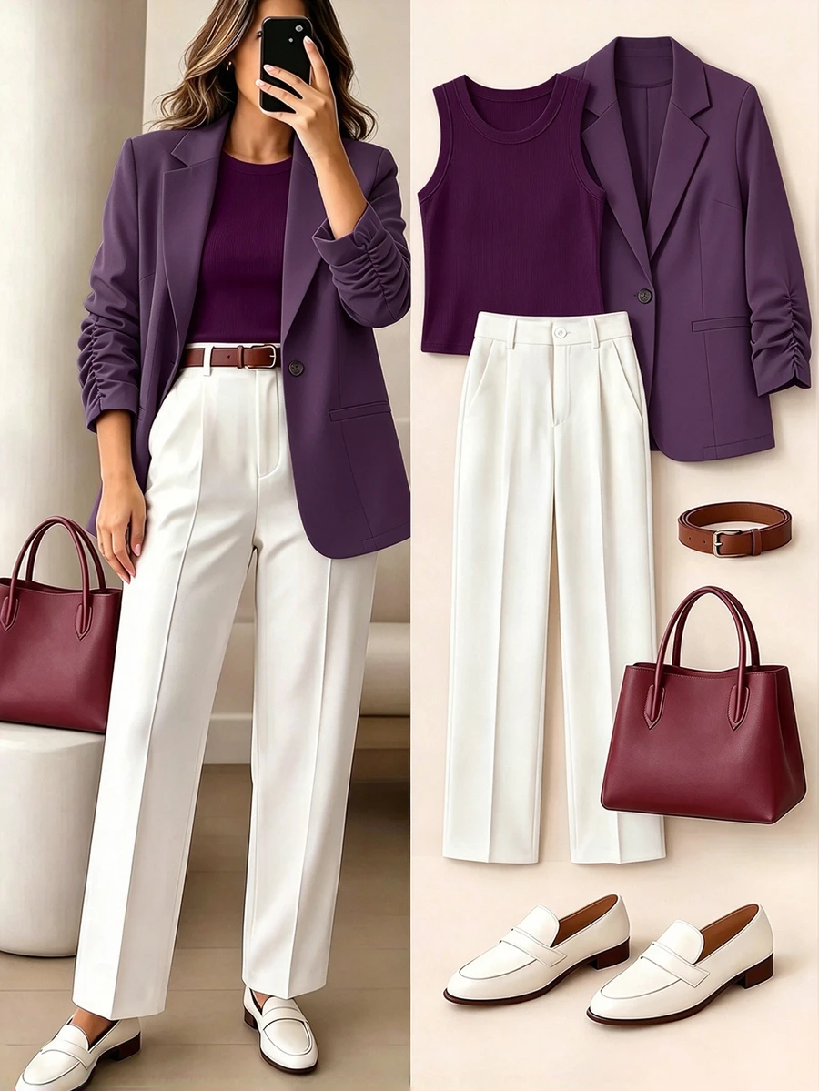 SHEIN LUNE Plus Size Women's Commuter Waist-Cinching Short Versatile Lightweight Jacket - Purple - View 1