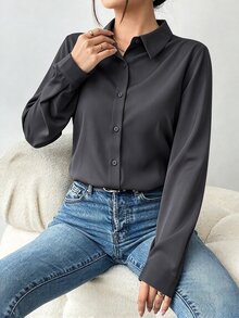 Structelle 純色鈕扣前襟長袖襯衫，女款秋季長袖上衣 - 深灰色 - 查看 8