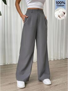 SHEIN EZwear بنطال عمل نسائي بسيط بأزرار وكسرات للتنقل والمكتب - رمادي - مشاهدة 7