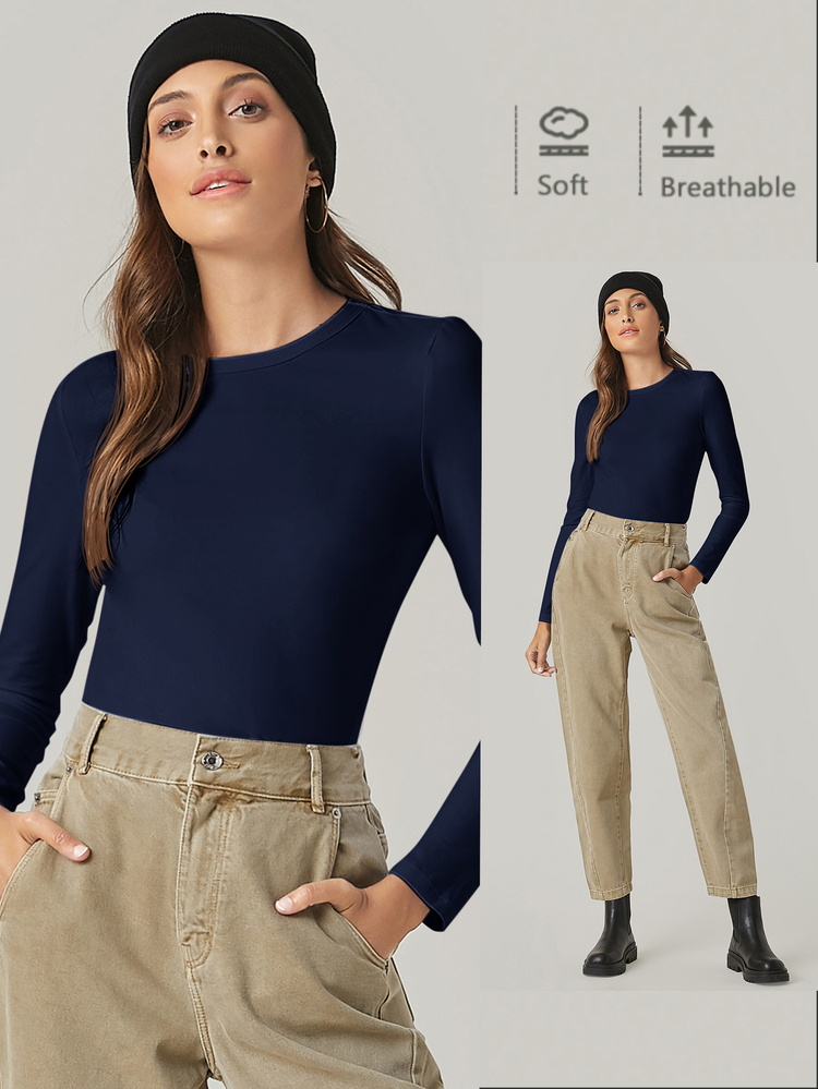 SHEIN BASICS Women Classic White Long Sleeve Shirt Soft Breathable Crew Neck All-Match Top - Navy Blue - View 9