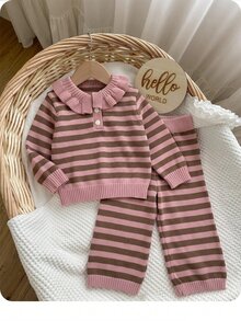 SHEIN Baby Girl Casual Comfortable Daily Versatile Cute Knitted Striped Autumn Top And Pants 2-Piece Set - Pink - View 8