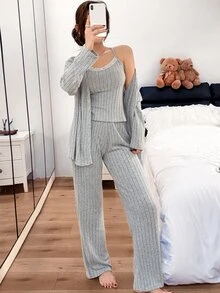 Napfluff Minimalist Elegant Vertical Striped Knit Pajama 3 Pieces Set, Comfortable Skin-Friendly Home Wear Cardigan Set - Grey - View 1