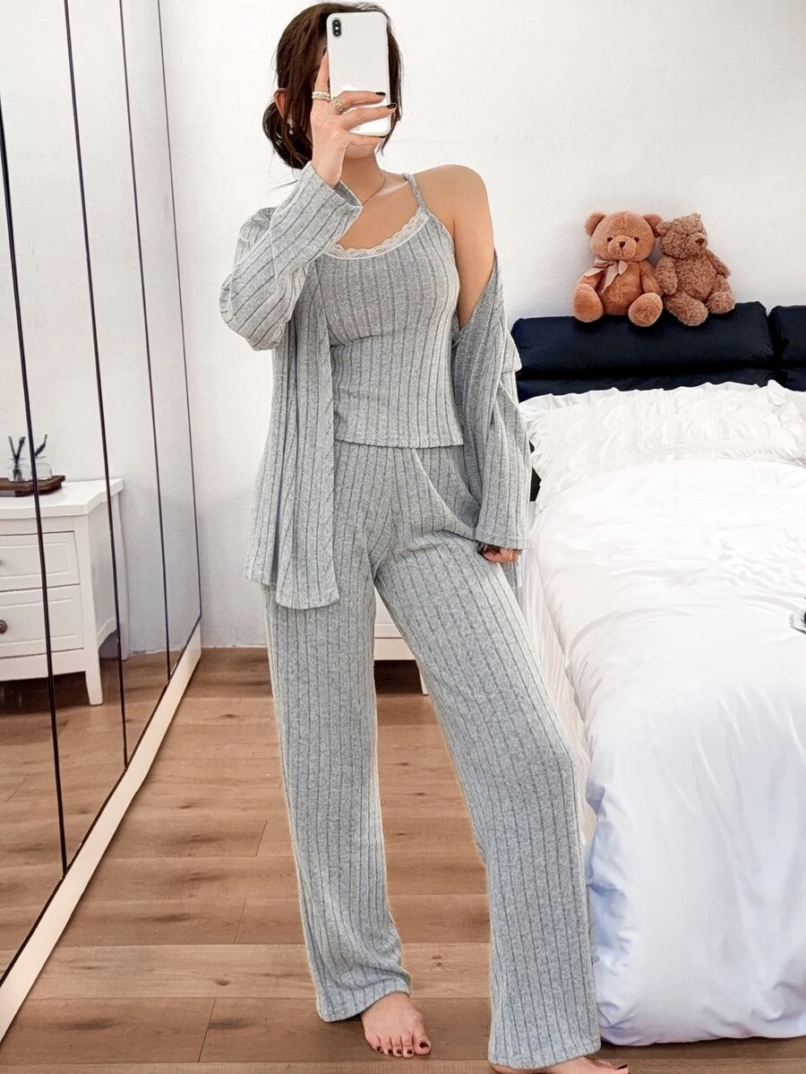 Napfluff Minimalist Elegant Vertical Striped Knit Pajama 3 Pieces Set, Comfortable Skin-Friendly Home Wear Cardigan Set - Grey - View 1