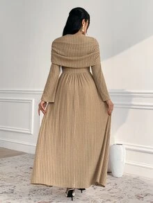 Veilorie فستان نسائي بلون موحد برقبة دائرية وأكمام طويلة بنسيج أنيق - كاكي - مشاهدة 2