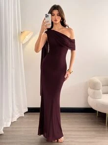 SHEIN Tall 女款優雅純色不對稱單肩長洋裝，舞會晚宴正式夏季婚禮賓客穿著，深棕色，高挑顯瘦 - 摩卡棕 - 查看 8
