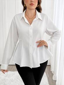 SHEIN LUNE Plus Size Women's White Cinched Waist Collared Button-Down Long Sleeve Shirt, All-Season, Professional Commuter, Smart Casual, Daily Wear, Work Outfit - White - View 6