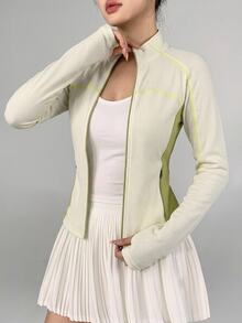 DAZY Women's Striped Colorblock Zip-Up Long Sleeve Sports Jacket - Beige - View 5