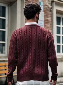 Claim Dot Men's Solid Color Cable Polo Collar Casual Long Sleeve Pullover Sweater , Fall/Winter - Burgundy - View 2