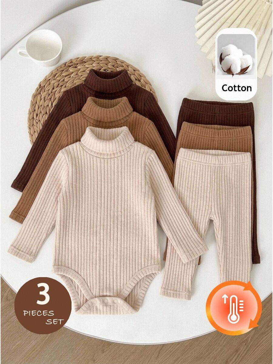 SHEIN 3件組女嬰長袖高領連身衣-保暖舒適,適合秋冬穿著 - 彩色 - 查看 1
