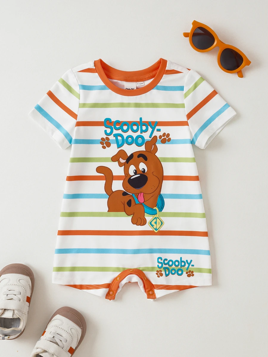 SCOOBY-DOO X SHEIN Baby Boy Cartoon Print Striped Romper - Orange - View 1