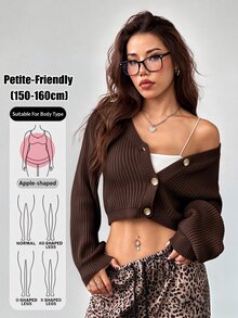 SHEIN PETITE White Lantern Sleeve Button Front Rib Knit Cardigan Open Shoulder Sweater In Autumn Petite Women Date Day Everyday Going Out Daily Wear Casual Sexy - Coffee Brown - View 9