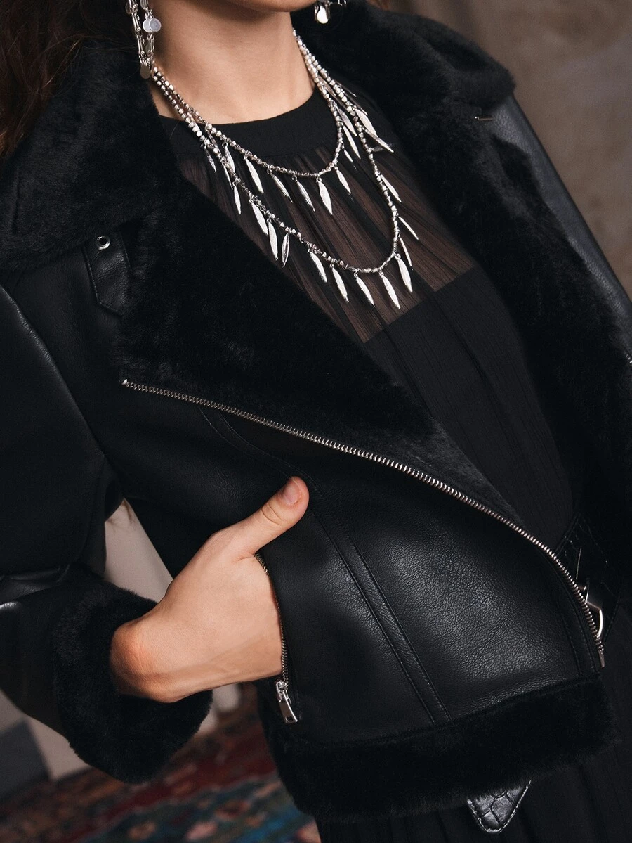 Anewsta Autumn/Winter Black Asymmetric Front Leather & Fur Short Jacket - Black - View 1