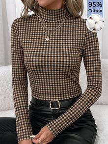 SHEIN Clasi 95% Cotton Full-Width Houndstooth Print Women's High Neck Long Sleeve Base Layer T-Shirt, Suitable For Autumn/Winter - Multicolor - View 1