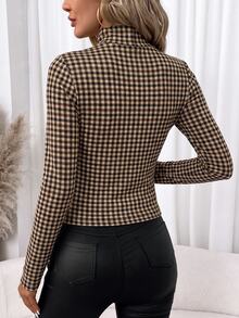 SHEIN Clasi 95% Cotton Full-Width Houndstooth Print Women's High Neck Long Sleeve Base Layer T-Shirt, Suitable For Autumn/Winter - Multicolor - View 2