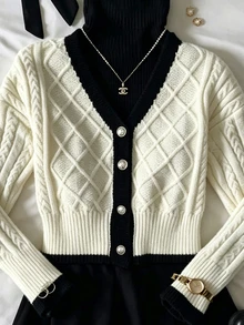 IslaSuriya Women's Fashion Cable Knit Contrast Color Button Cardigan - Apricot - View 3