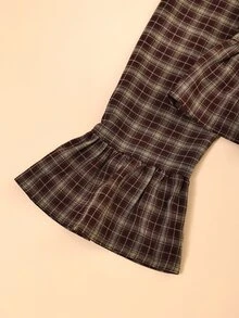 Poéselle Women's Plaid Ruffle Collar Flare Sleeve Blouse, Fall Concert Outfit, Casual Workwear, Halloween Street Style - Chocolate Brown - View 9