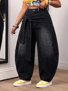 Slaydiva Plus Size Women's Front Knot Curved Leg Casual Loose Fit Jeans - Black - View 3