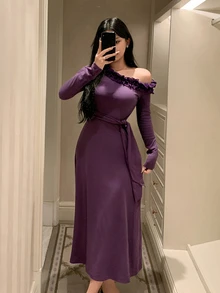 DAZY فستان نسائي كاجوال يومي للنوم والمنزل بكتف غير متماثل وحافة مكشكشة - الأزرق - مشاهدة 1
