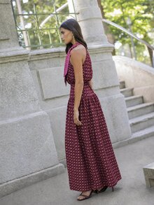Nöista Women's All-Over Print Halter Neck Knot Detail Fashion Long Dress - Burnt Orange - View 5