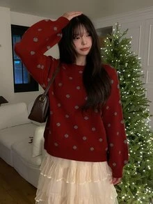 DAZY Women's Round Neck Polka Dot Loose Fit Casual Pullover Sweater - Red - View 1
