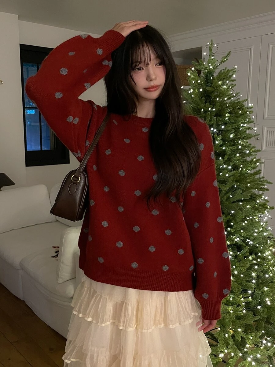 DAZY Women's Round Neck Polka Dot Loose Fit Casual Pullover Sweater - Red - View 1