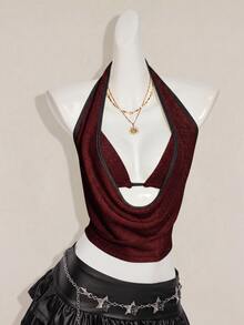 SHEIN ICON 2件組夏季女款亮片露背背心與細肩帶背心，適合海灘、夏威夷派對、返校日、演唱會、夜店外訪 - 酒紅色 - 查看 4