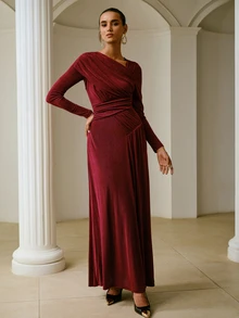 ZEYLAH Women's Solid Color Pleated Casual Party Long Sleeve Dress - Burgundy - View 3