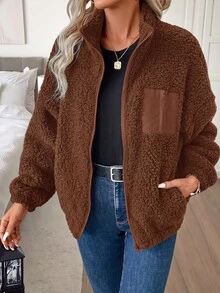 SHEIN LUNE Zip Up Drop Shoulder Teddy Jacket In Fall/Winter,Casual - Brown - View 5