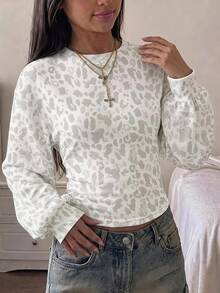 Light Leopard Print, Teen Girls Fall/Winter Back To Basic Solid Color Pleated Asymmetrical Neck Long Sleeve Pullover - Multicolor - View 1