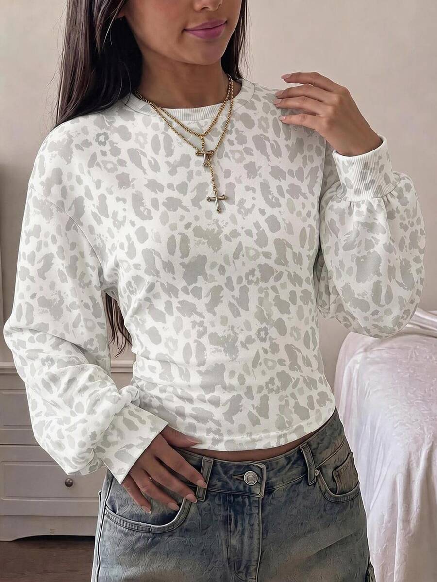 Light Leopard Print, Teen Girls Fall/Winter Back To Basic Solid Color Pleated Asymmetrical Neck Long Sleeve Pullover - Multicolor - View 1