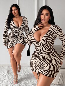 SHEIN SXY 大尺碼女款斑馬紋休閒性感日常夏季連身裙 秋季夜店派對 米色 - 棕色 - 查看 1