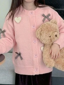 Dazy Kids 少女秋季拼接撞色荷葉邊修身長袖圓領抽繩繫帶休閒開襟衫 - 粉色 - 查看 5