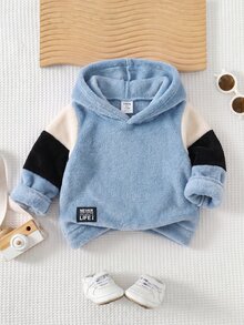 SHEIN 男嬰可愛秋冬拼接色毛絨長袖衛衣，中性嬰兒服飾，嬰兒冬季衣物 - 彩色 - 查看 4