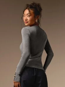 COSMINA 女款休閒優雅瑪瑙鈕扣淺棕色針織上衣 - 灰色 - 查看 2