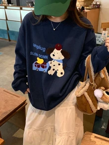 DAZY 女款圓領卡通長袖衛衣，甜美風格秋季抓絨內裡 - 藍色 - 查看 5