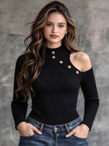 Linhara CURVE Women's Plus Size High Neck Cold Shoulder Knitted Top, Long Sleeve Diagonal Button Design Ribbed Slim Fit Sweater, Elegant Pure Black Autumn T-Shirt Versatile - Black - View 3