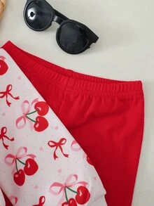 SHEIN 女嬰可愛花卉圖案運動衫與鬆緊腰長褲套裝 - 紅色 - 查看 4
