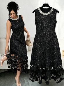 Velvienne Plus Size Women's Faux Pearl Decor Fashion Casual Summer Dress - Black - View 1