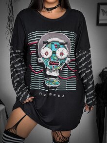 Whyspr Rick and Morty X SHEIN Black Pixel Robot Print 2 In 1 T-Shirt Dress, Cyber Y2K Street Goth Style, Spring Autumn, Halloween Comic-Con Daily Wear Fall - Black - View 7