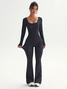 SHEIN Dewbera Women's Polka Dot Print Long Sleeve Flare Leg Jumpsuit - Black - View 5