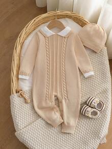 Baby Girl Contrast Color Collared Long Sleeve Casual Knit Romper - Beige - View 1