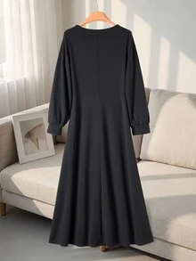 Rusticease Elegant Round Neck Long Sleeve Color Block Dress For Middle-Aged And Elderly Women - Black - View 2