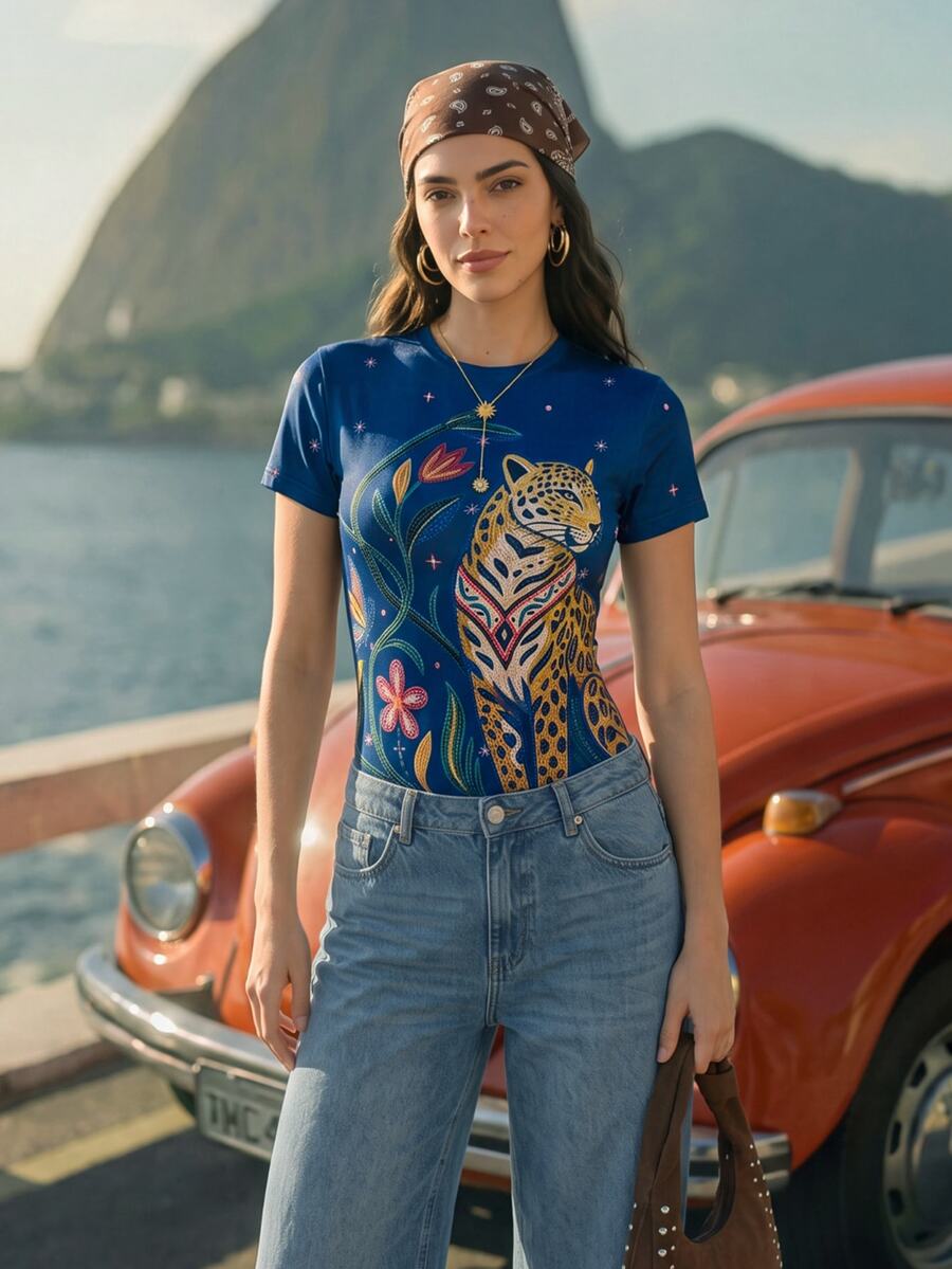CAJUNI Women's Floral Leopard Print Round Neck Short Sleeve Casual Bodysuit - Navy Blue - View 1