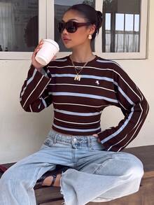 Muchica Autumn New Striped Pattern Batwing Sleeve Fitted Long Sleeve T-Shirt, Elegant Casual Fashion Basic Top For Spring Summer Autumn Winter, Suitable For Outings And Parties, Women - Multicolor - View 5
