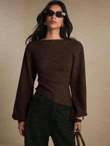 Poéselle 女款優雅羅紋提花不對稱下擺保暖毛衣，秋冬針織上衣，適合上班、約會、度假、派對與節日穿搭 - 棕色 - 查看 6
